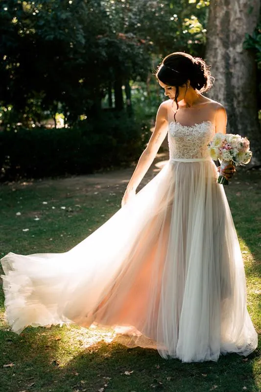 A-line Bateau Sweep/Brush Train Sleeveless Tulle Wedding Dresses, TYP1487