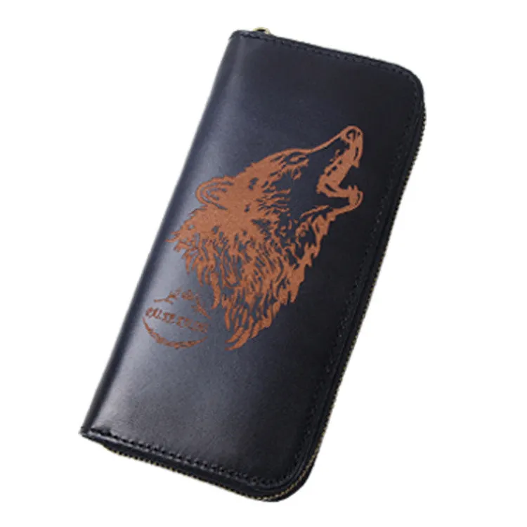 Around Zip Blue Leather Long Wallet Mens Wolf Zipper Clutch Wallet for Men