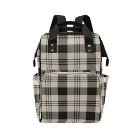 Beige Plaid Diaper Bag Backpack, Tartan Black Grey Check Baby Boy Girl Waterproof Insulated Pockets Stylish Mom Dad Designer Men Women Large