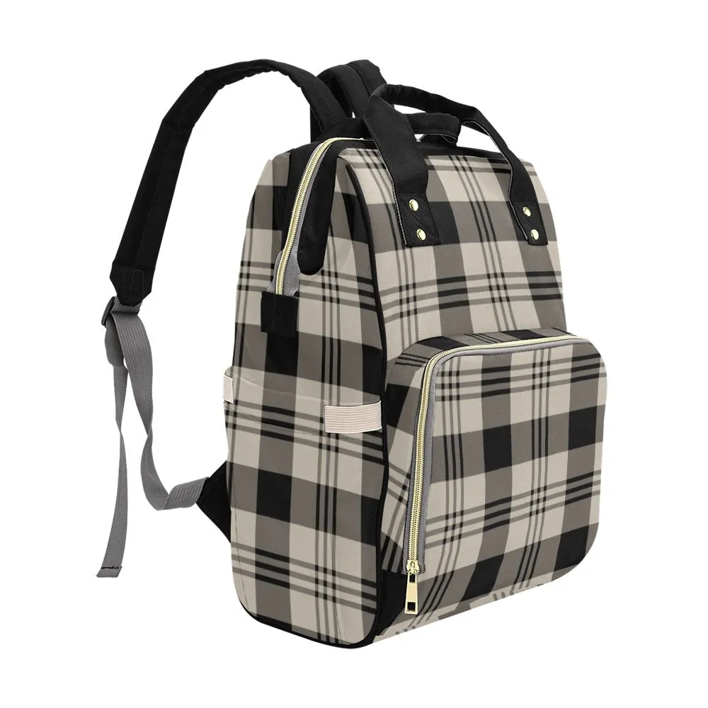 Beige Plaid Diaper Bag Backpack, Tartan Black Grey Check Baby Boy Girl Waterproof Insulated Pockets Stylish Mom Dad Designer Men Women Large