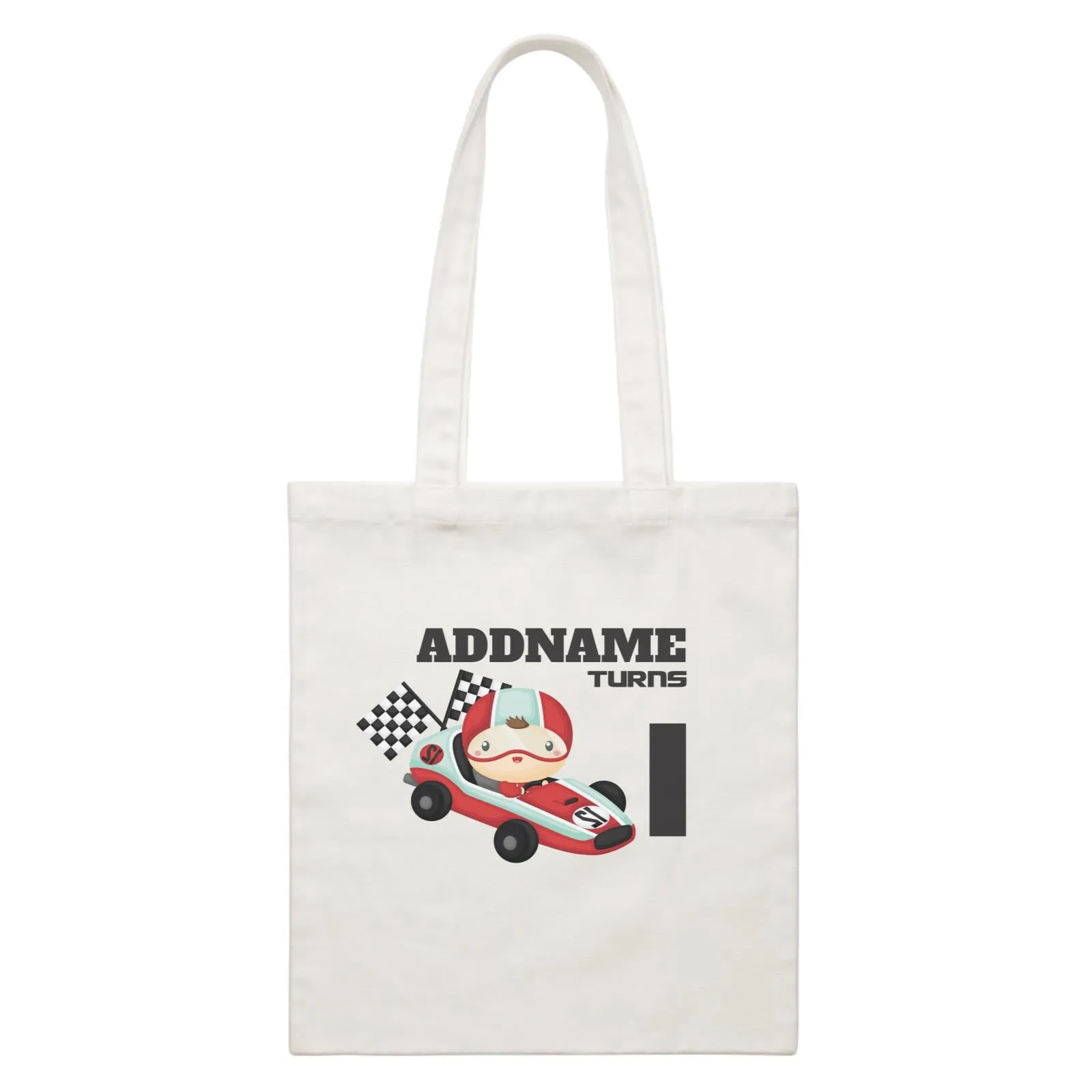 Birthday Cars Race Racer Boy With Racing Cars Addname Turns 1 White Canvas Bag