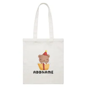 Birthday Friendly Animals Happy Bear Inside Present Box Addname White Canvas Bag