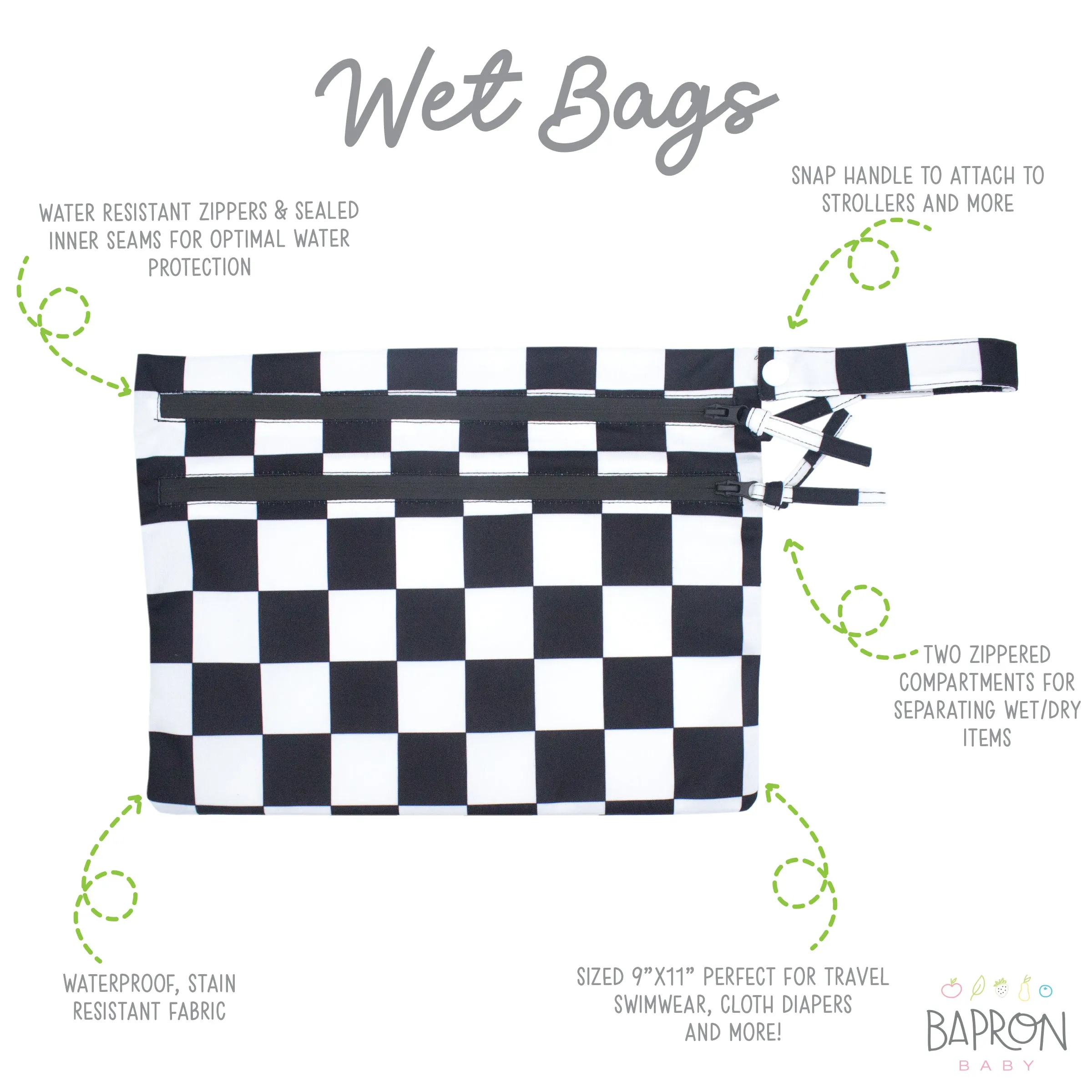 Black Checkerboard - Waterproof Wet Bag (For mealtime, on-the-go, and more!)