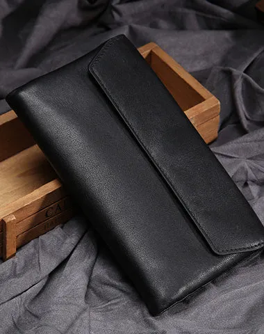 Black Leather Long Wallet for Men Bifold Long Wallet