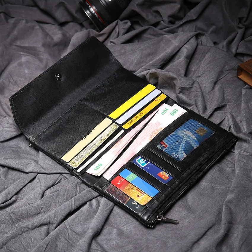 Black Leather Long Wallet for Men Bifold Long Wallet