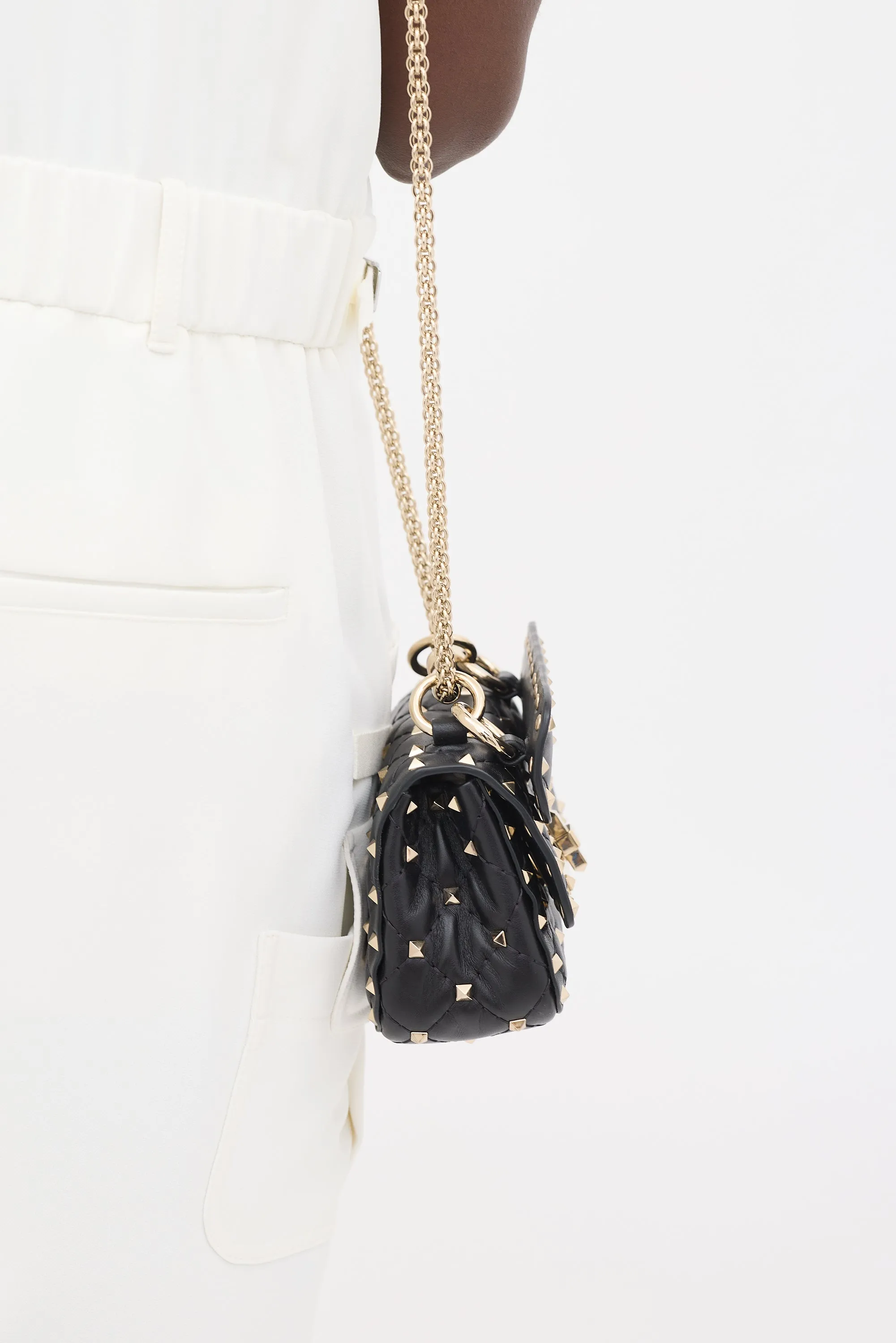 Black Quilted Leather Rockstud Micro Crossbody Bag