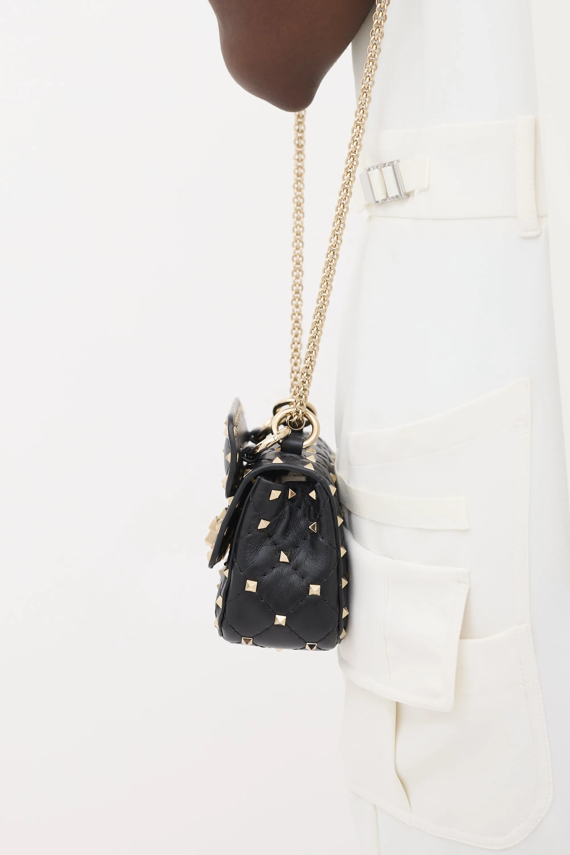 Black Quilted Leather Rockstud Micro Crossbody Bag