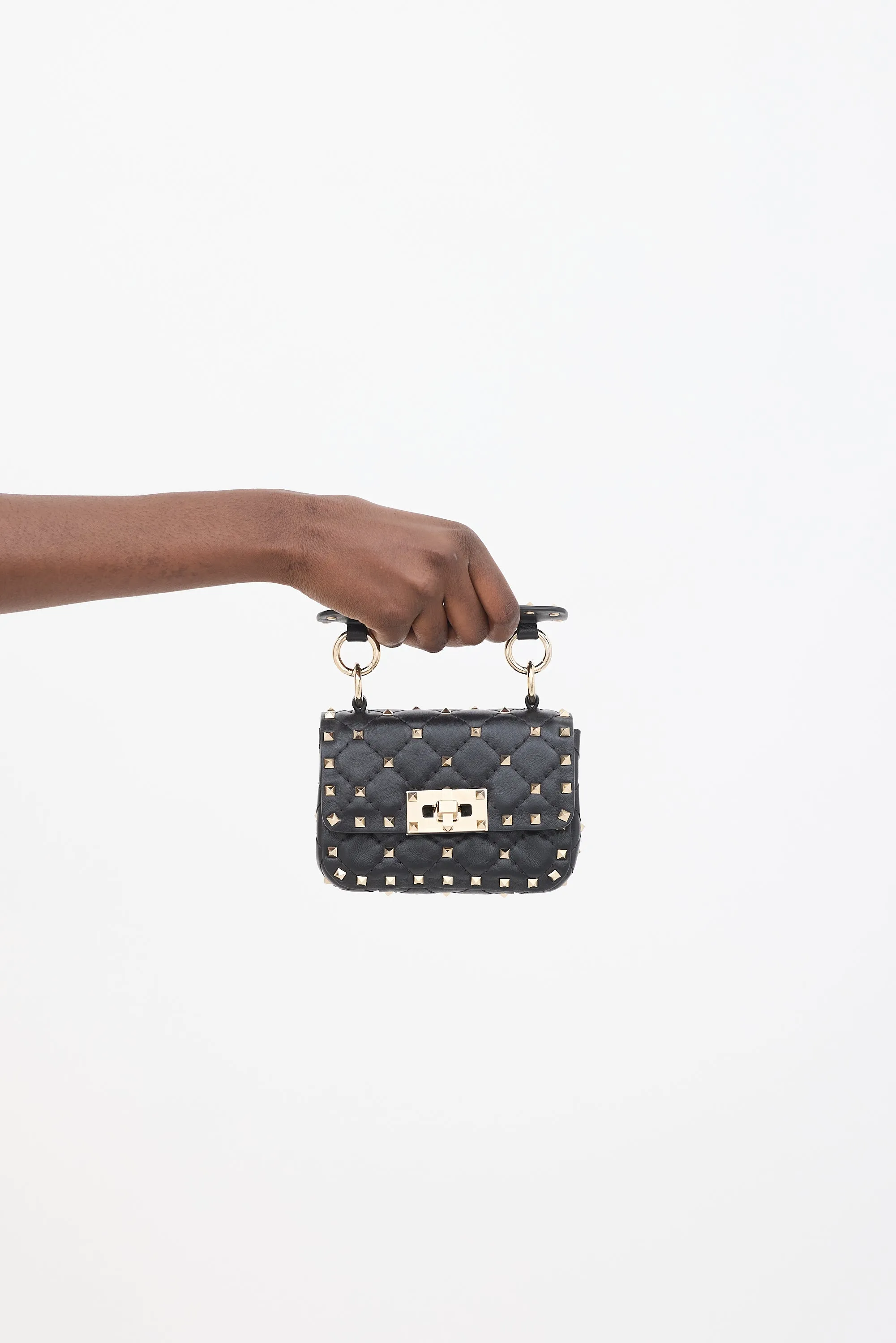 Black Quilted Leather Rockstud Micro Crossbody Bag