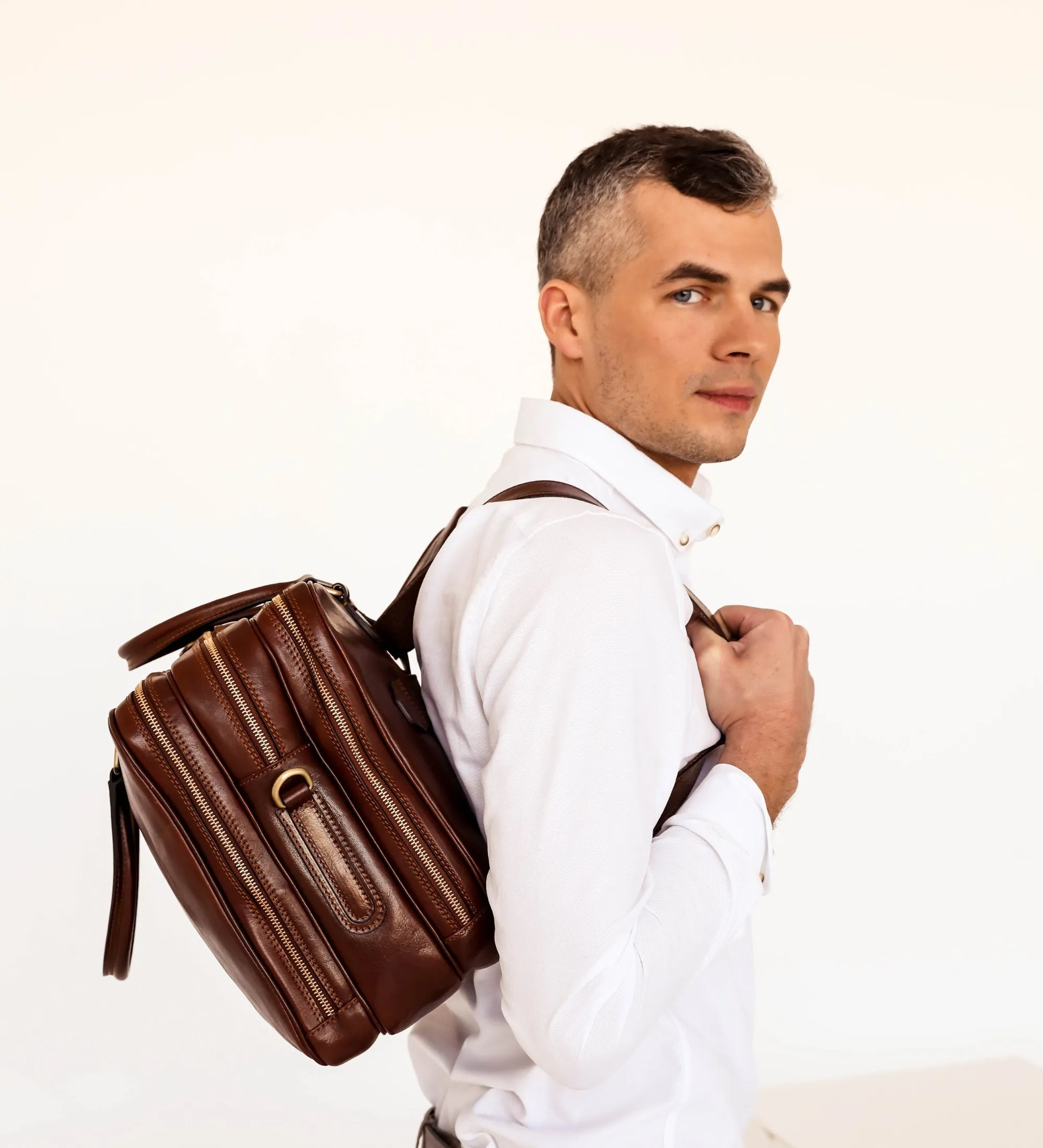 Brown Full-Grain Italian Leather Convertible Briefcase Backpack - A Farewell to Arms