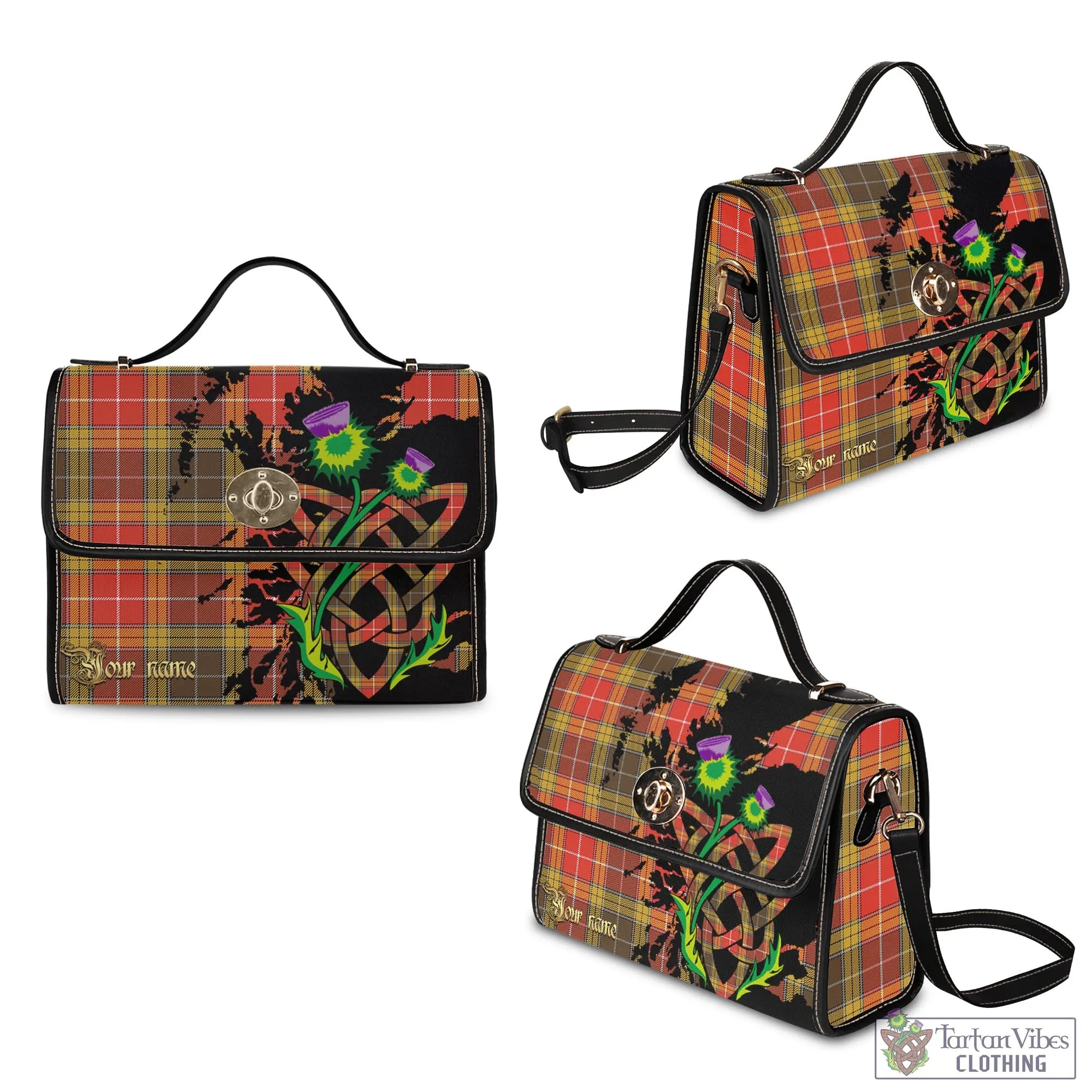 Buchanan Old Set Weathered Tartan Waterproof Canvas Bag with Scotland Map and Thistle Celtic Accents