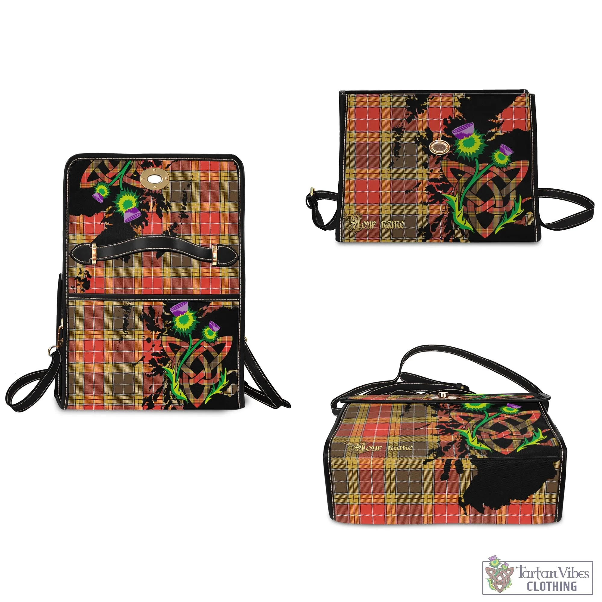 Buchanan Old Set Weathered Tartan Waterproof Canvas Bag with Scotland Map and Thistle Celtic Accents