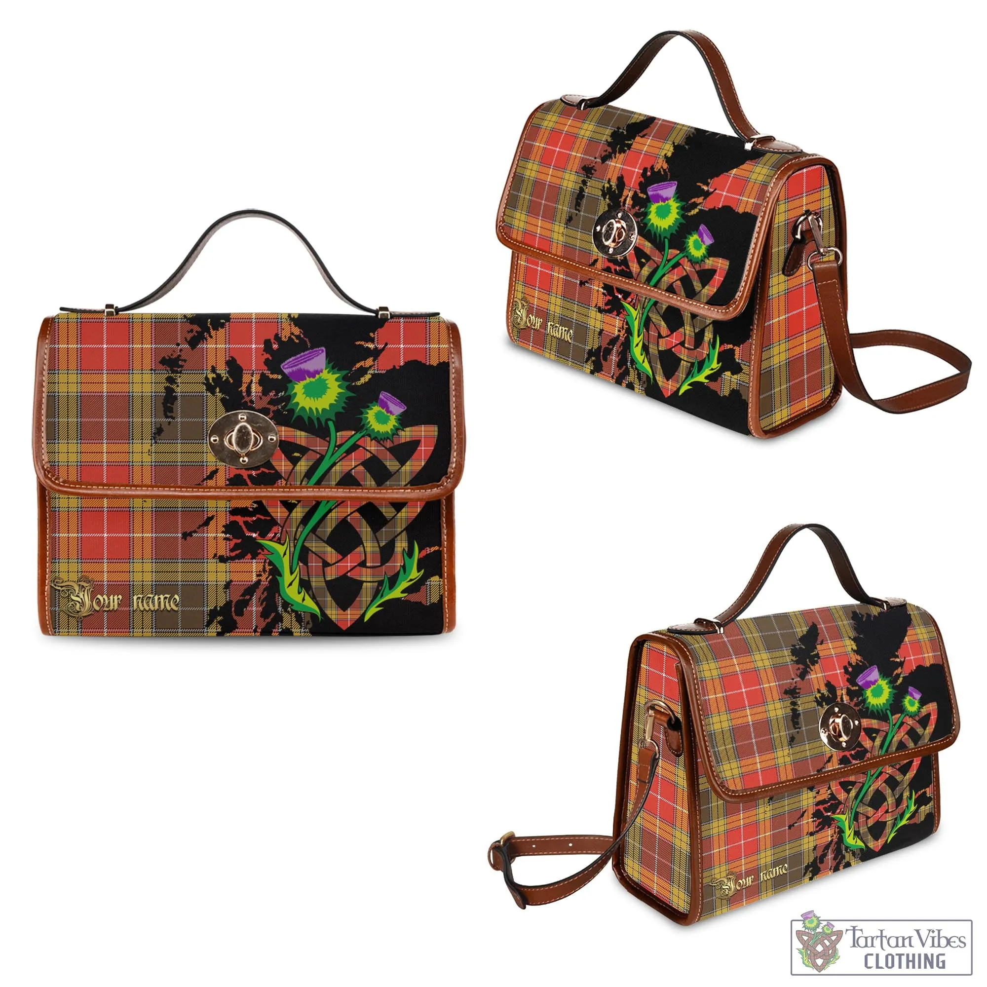 Buchanan Old Set Weathered Tartan Waterproof Canvas Bag with Scotland Map and Thistle Celtic Accents