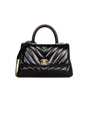 Chanel Black Shiny Calfskin Chevron Quilted Mini Coco Handle Kelly Style Bag