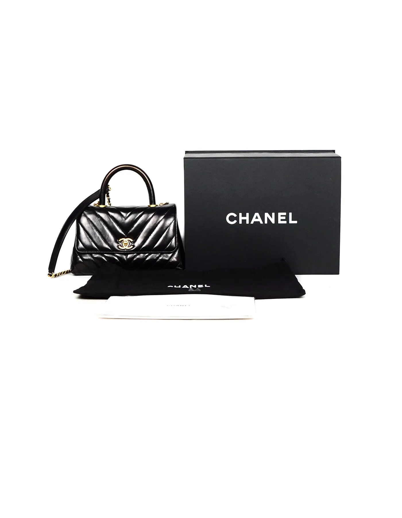 Chanel Black Shiny Calfskin Chevron Quilted Mini Coco Handle Kelly Style Bag