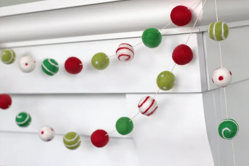 Christmas Felt Ball Garland- Dots & Swirls- Red, Green, White