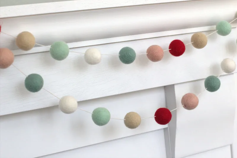 Christmas Felt Ball Garland- Red, Pink, Teal, Almond, White