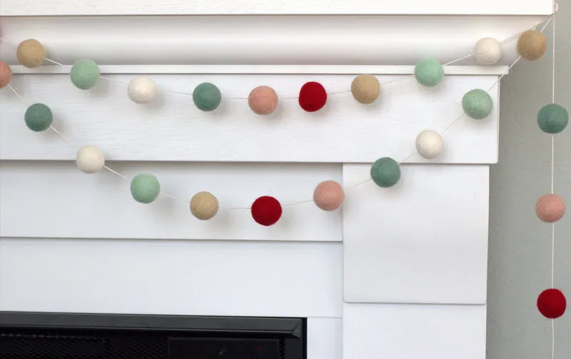 Christmas Felt Ball Garland- Red, Pink, Teal, Almond, White