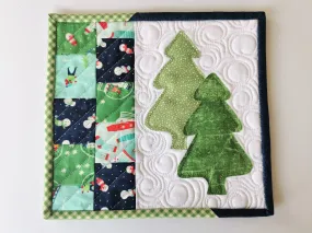 Christmas Tree Quilted Mug Rug, Santa Snack Mat,  Snow Theme Desk Coaster, Mini Quilt, Stocking Stuffer