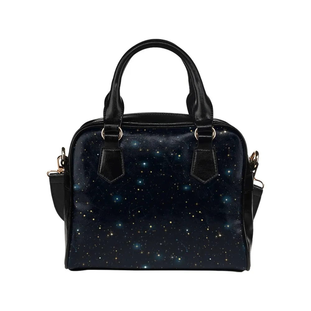 Constellation Purse, Space Galaxy Stars Black Blue Pattern Small Crossbody Shoulder Zip Bag Vegan Leather Women Designer Handbag Ladies Bag