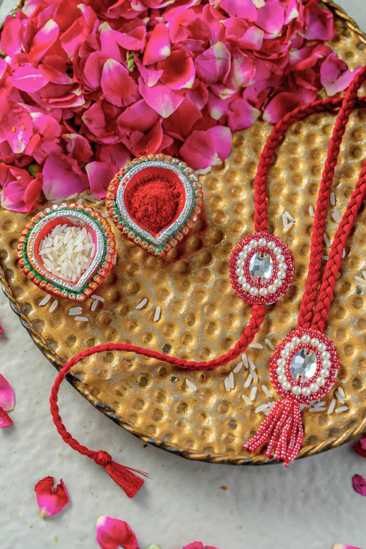 Crimson Charm Embroidered Rakhi and Lumba Set of 2