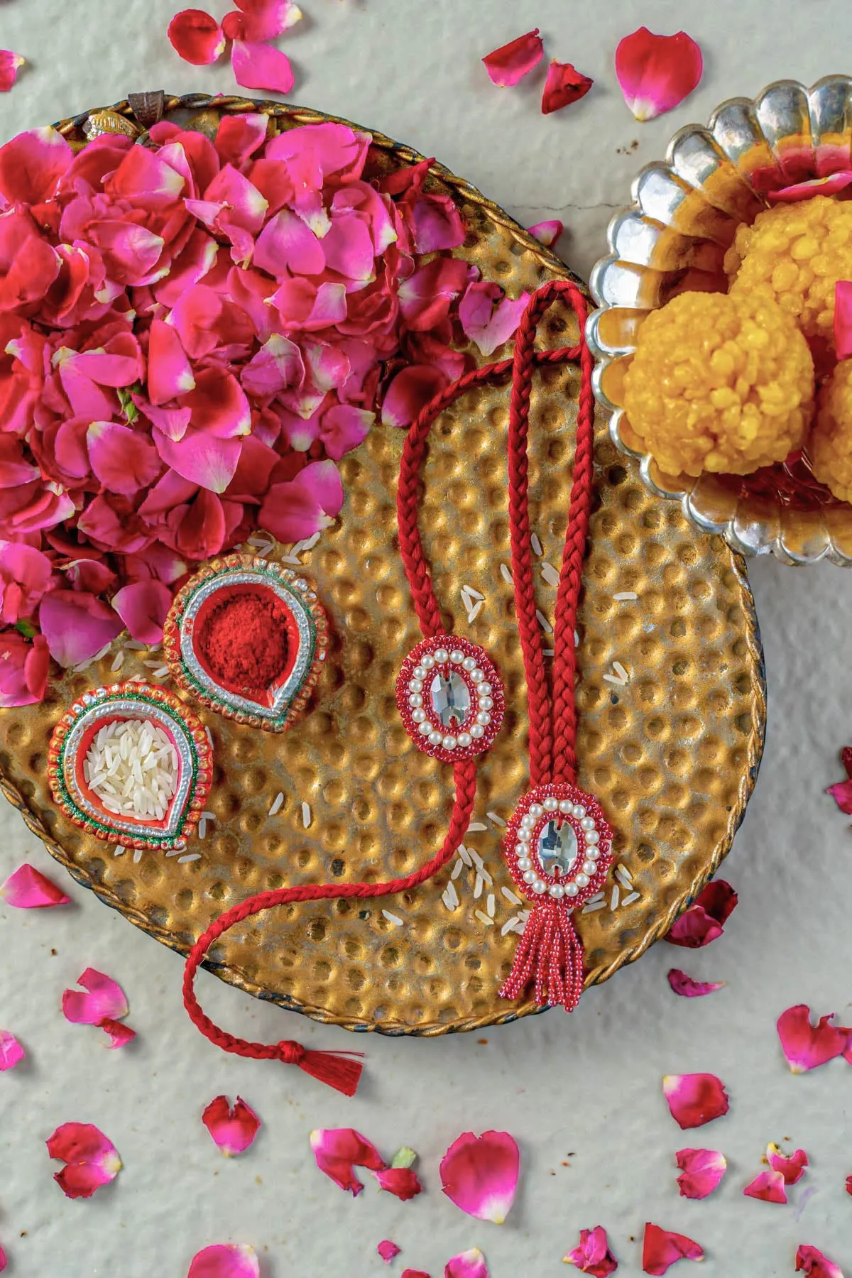 Crimson Charm Embroidered Rakhi and Lumba Set of 2