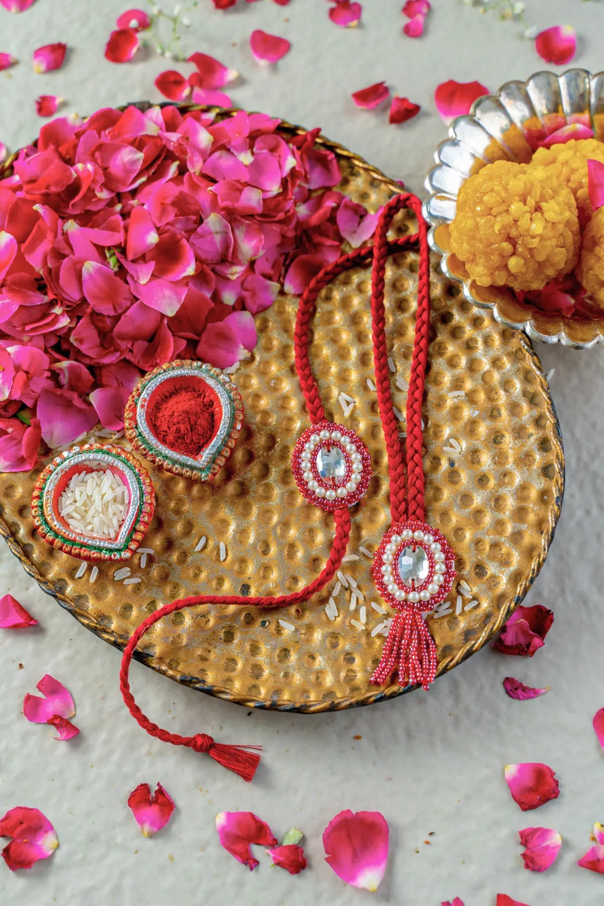 Crimson Charm Embroidered Rakhi and Lumba Set of 2