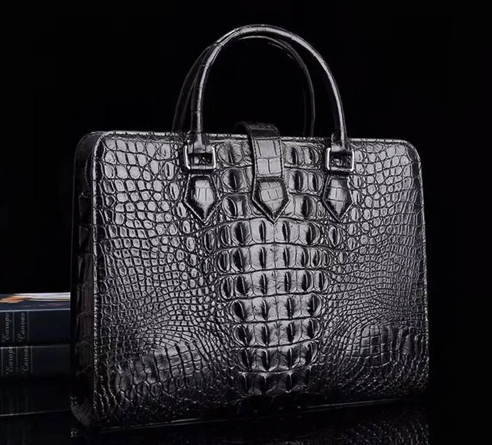 Crocodile Skin Leather Briefcase Black