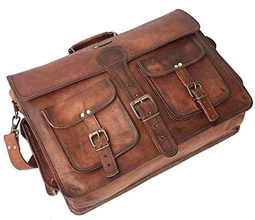 DHKFashion™ Handmade Leather 14-16" Laptop Crossbody Messenger Distressed Briefcase