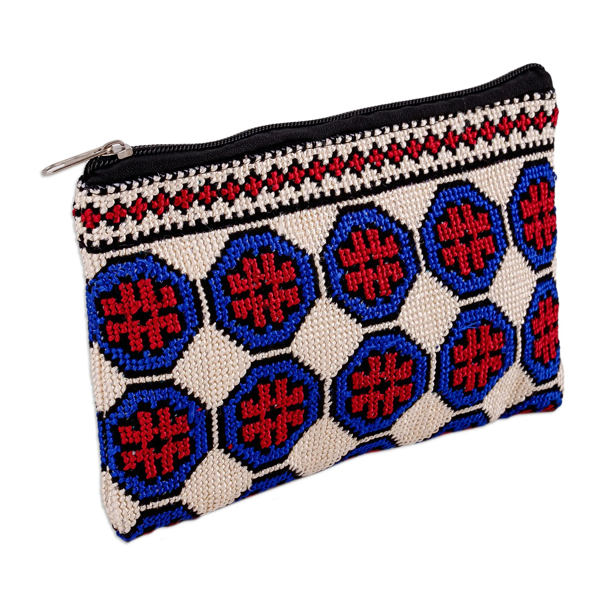 Embroidered Floral Patterned Blue and Red Cosmetic Bag - Pretty Flowers | NOVICA