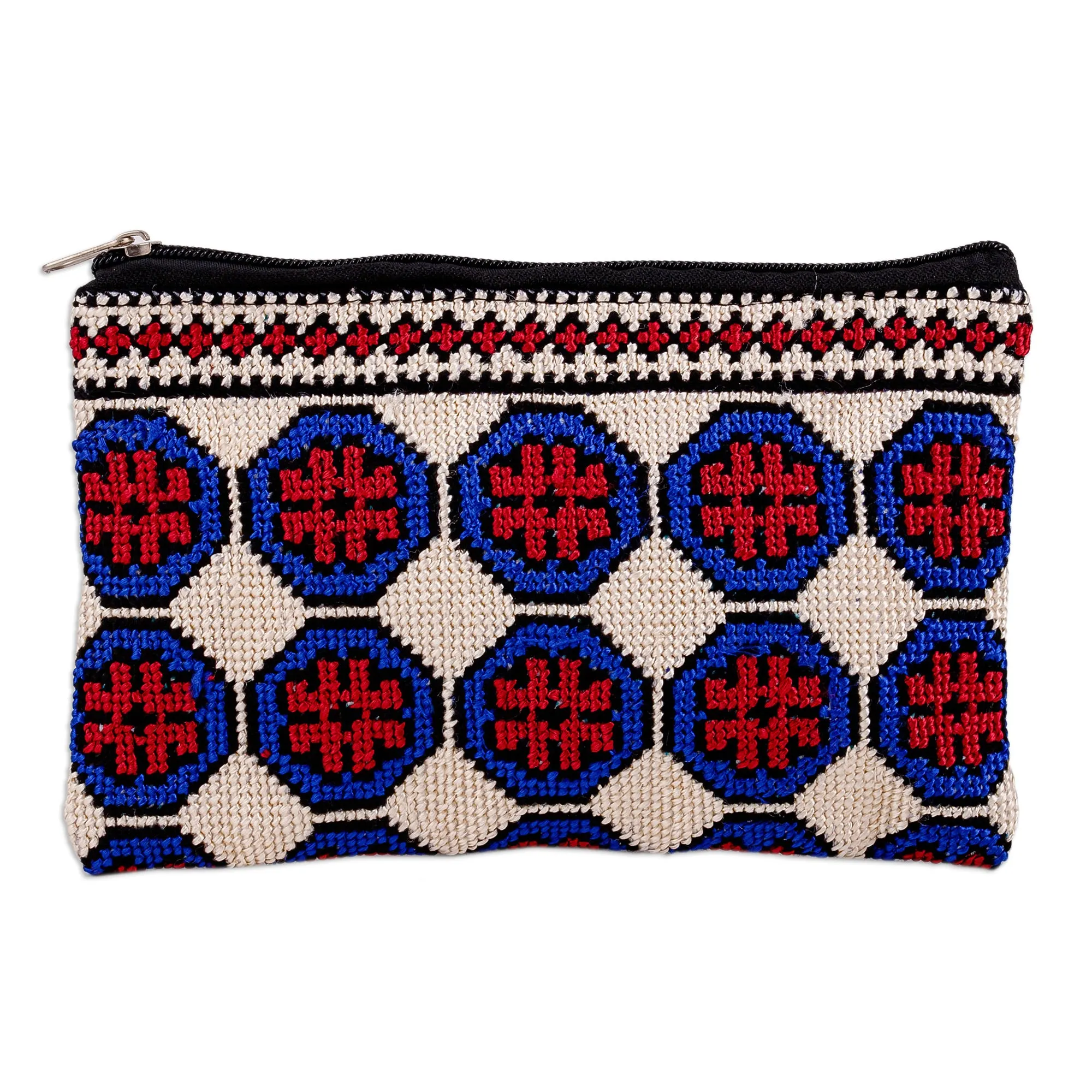 Embroidered Floral Patterned Blue and Red Cosmetic Bag - Pretty Flowers | NOVICA