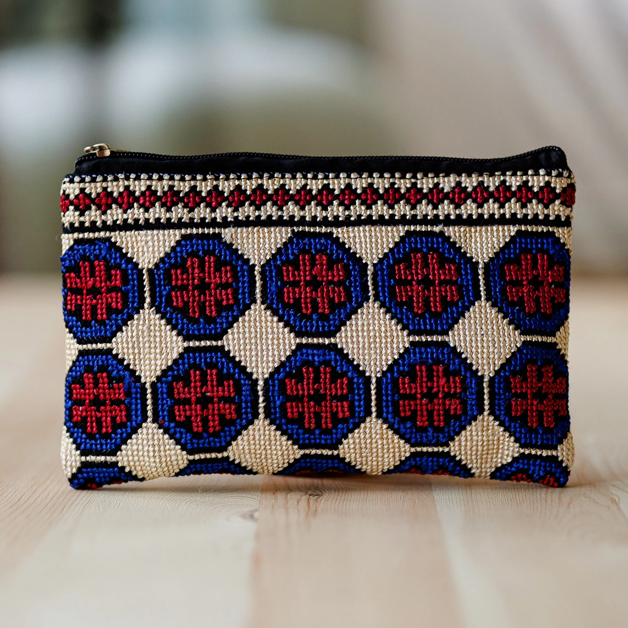 Embroidered Floral Patterned Blue and Red Cosmetic Bag - Pretty Flowers | NOVICA