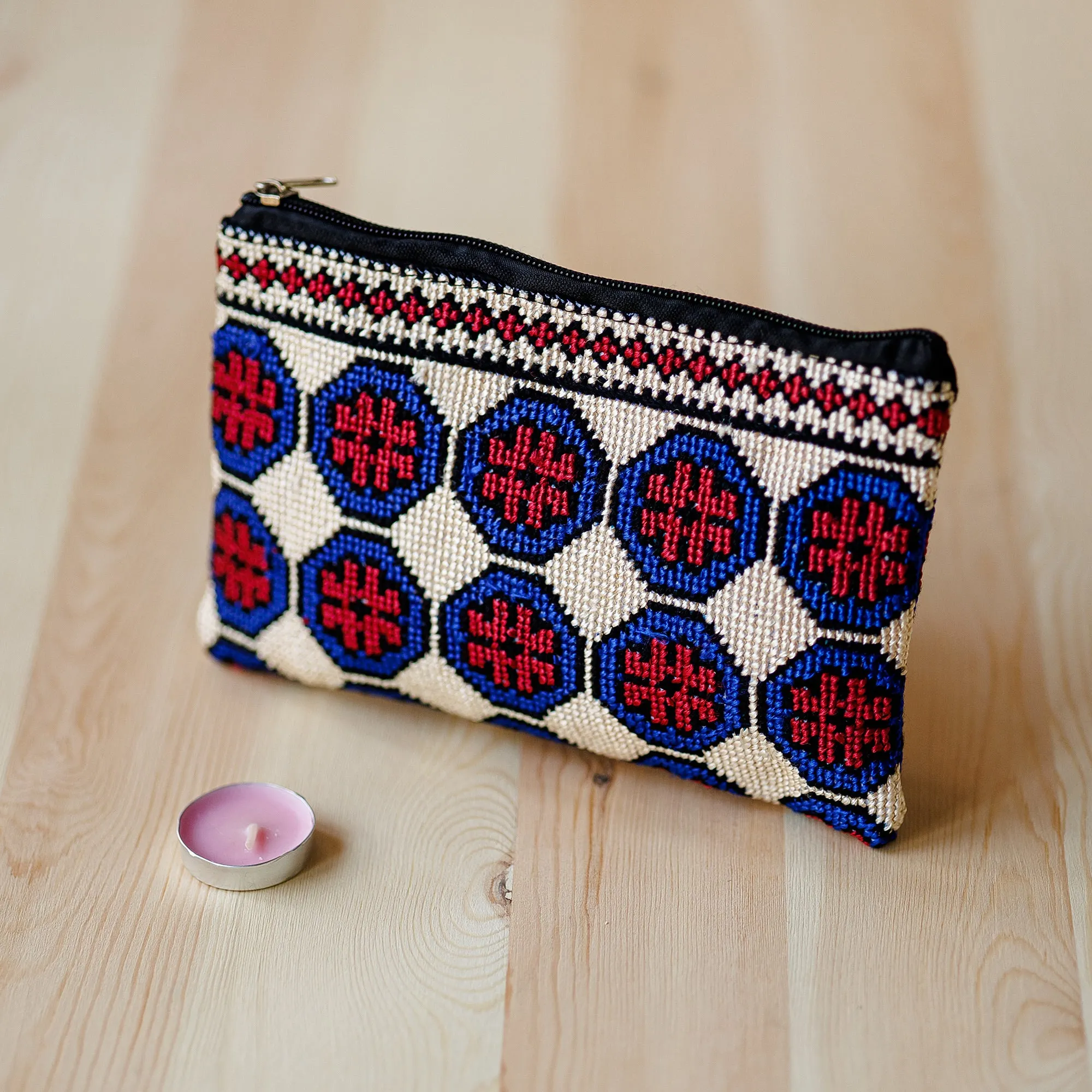 Embroidered Floral Patterned Blue and Red Cosmetic Bag - Pretty Flowers | NOVICA