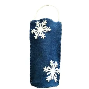 Felt Gift Bottle Bag in Blue with Cream Snowflakes