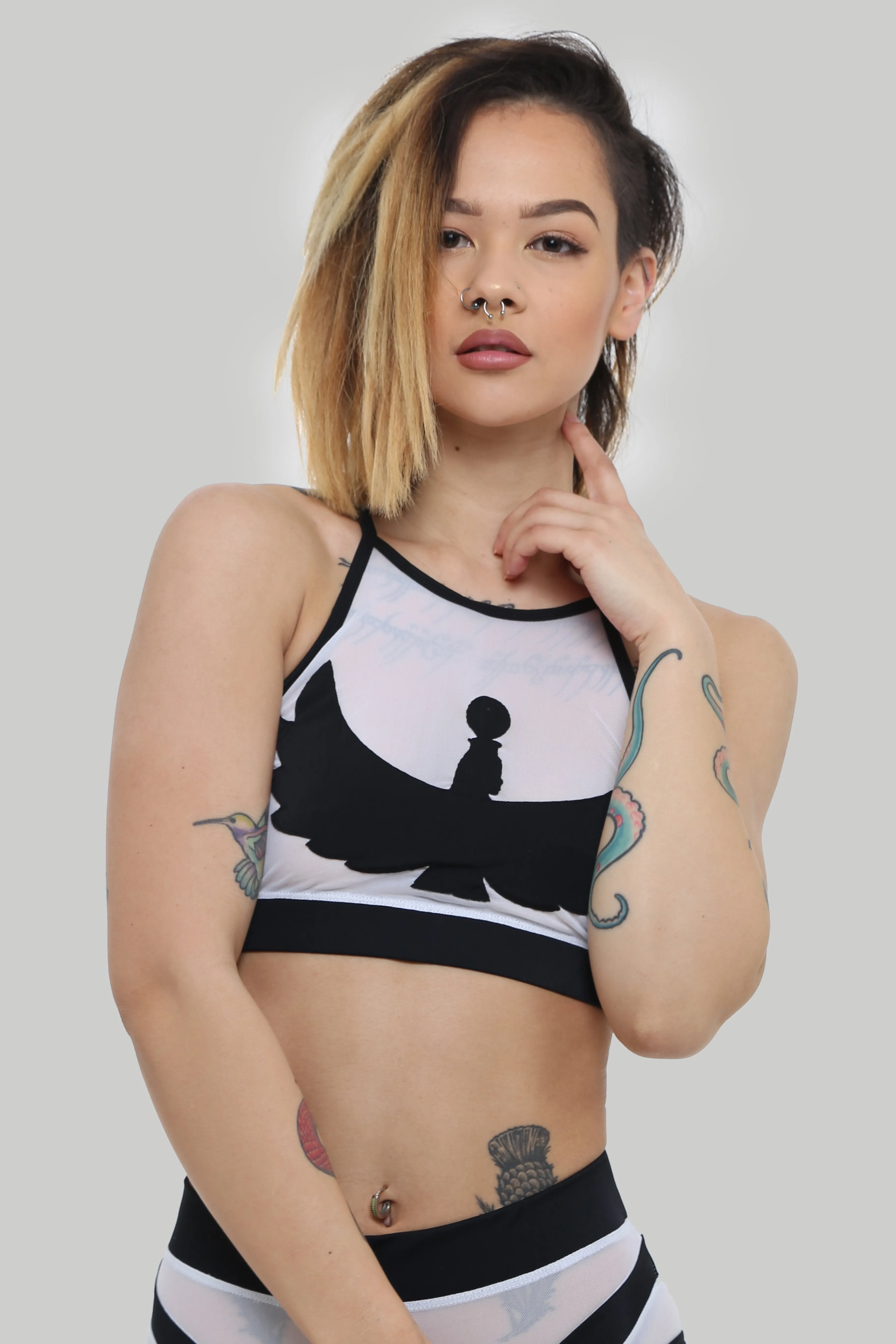 Goddess Halter Top - Black with White Mesh