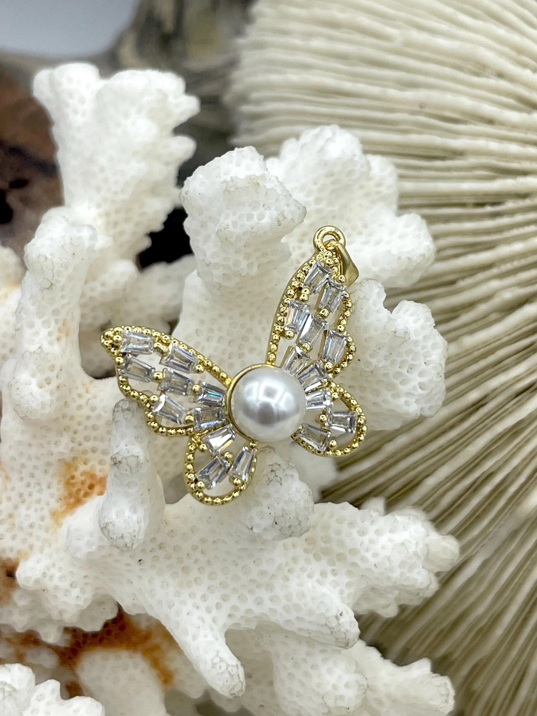 Gold Plated Brass Butterfly and Flower Pendants with Pearls and CZ, Gold Charms, 2 Styles, Flower and Butterfly, Gold Plated, Fast Ship.