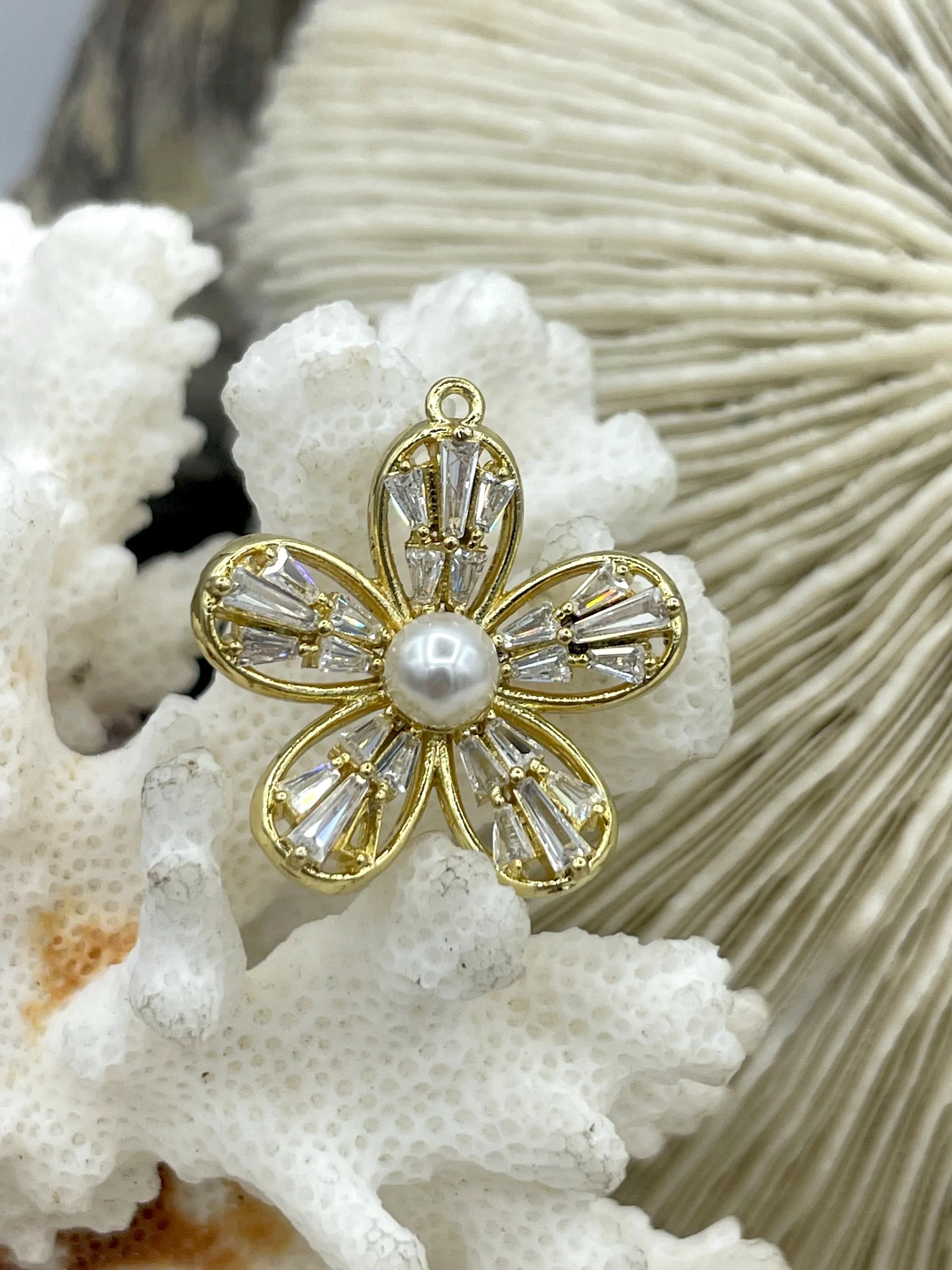 Gold Plated Brass Butterfly and Flower Pendants with Pearls and CZ, Gold Charms, 2 Styles, Flower and Butterfly, Gold Plated, Fast Ship.