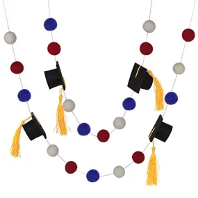 Graduation Cap Felt Garland- Red Blue White with GOLD tassels