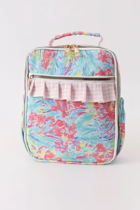 Green floral ruffle lunch bag