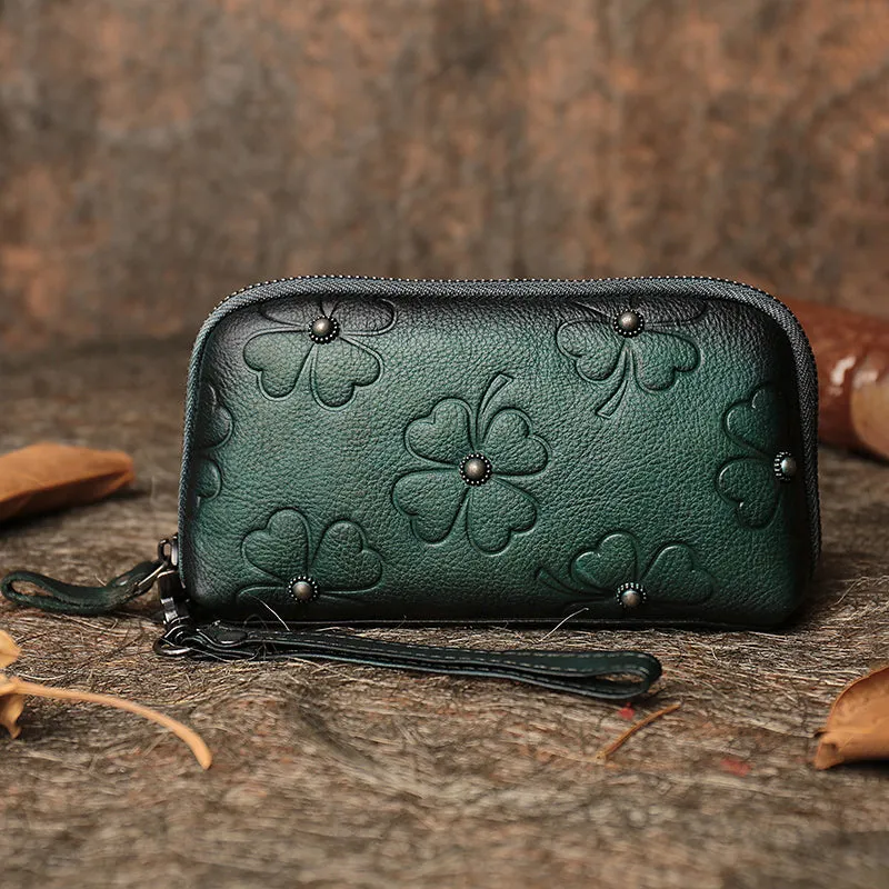 Handmade Green Womens Clover Leather Long Wallet Zipper Clutch Wristlet Wallet for Women