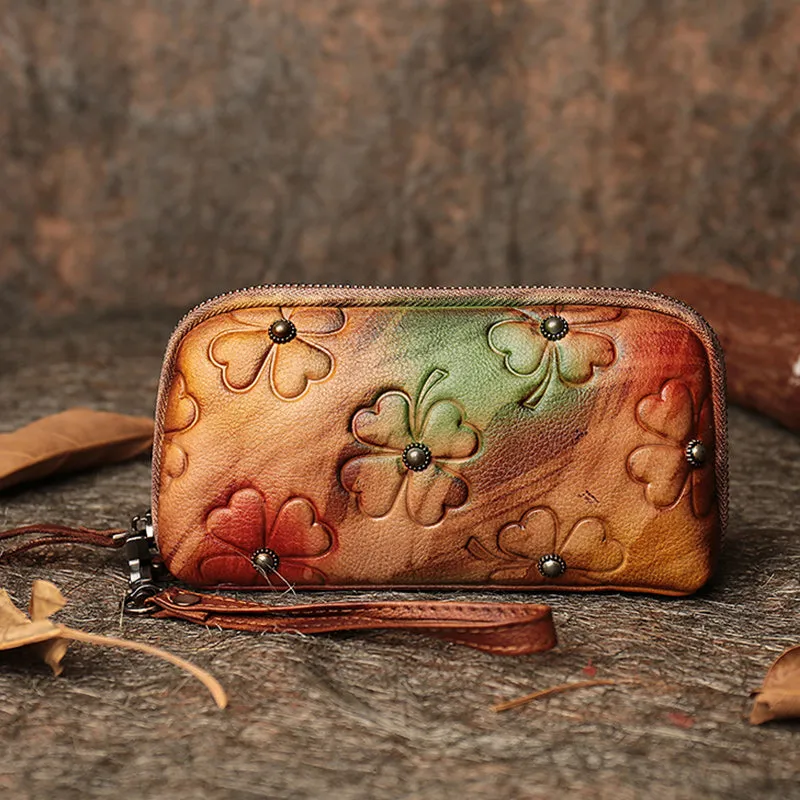 Handmade Green Womens Clover Leather Long Wallet Zipper Clutch Wristlet Wallet for Women