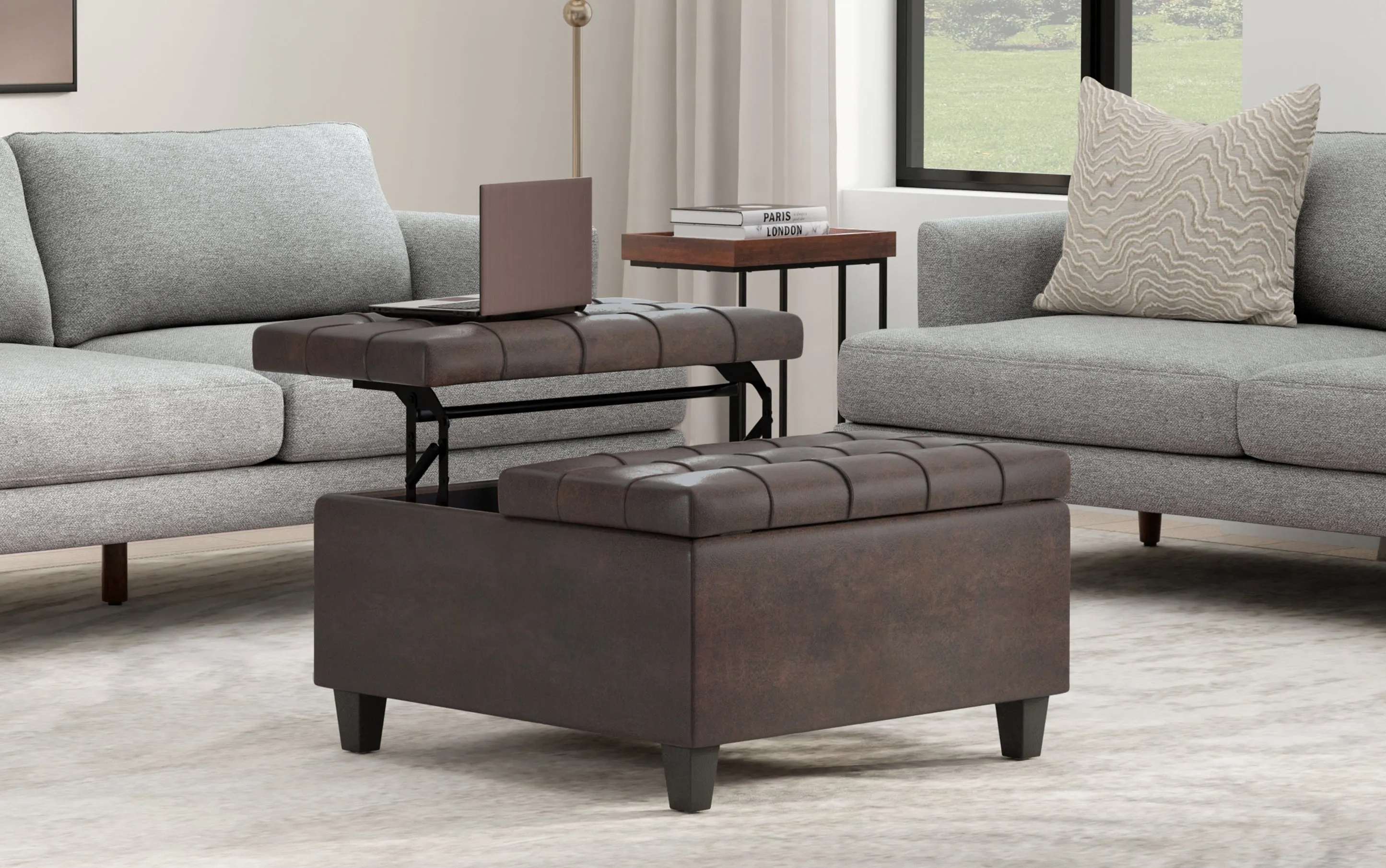 Harrison Small Square Coffee Table Storage Ottoman in Distressed Vegan Leather