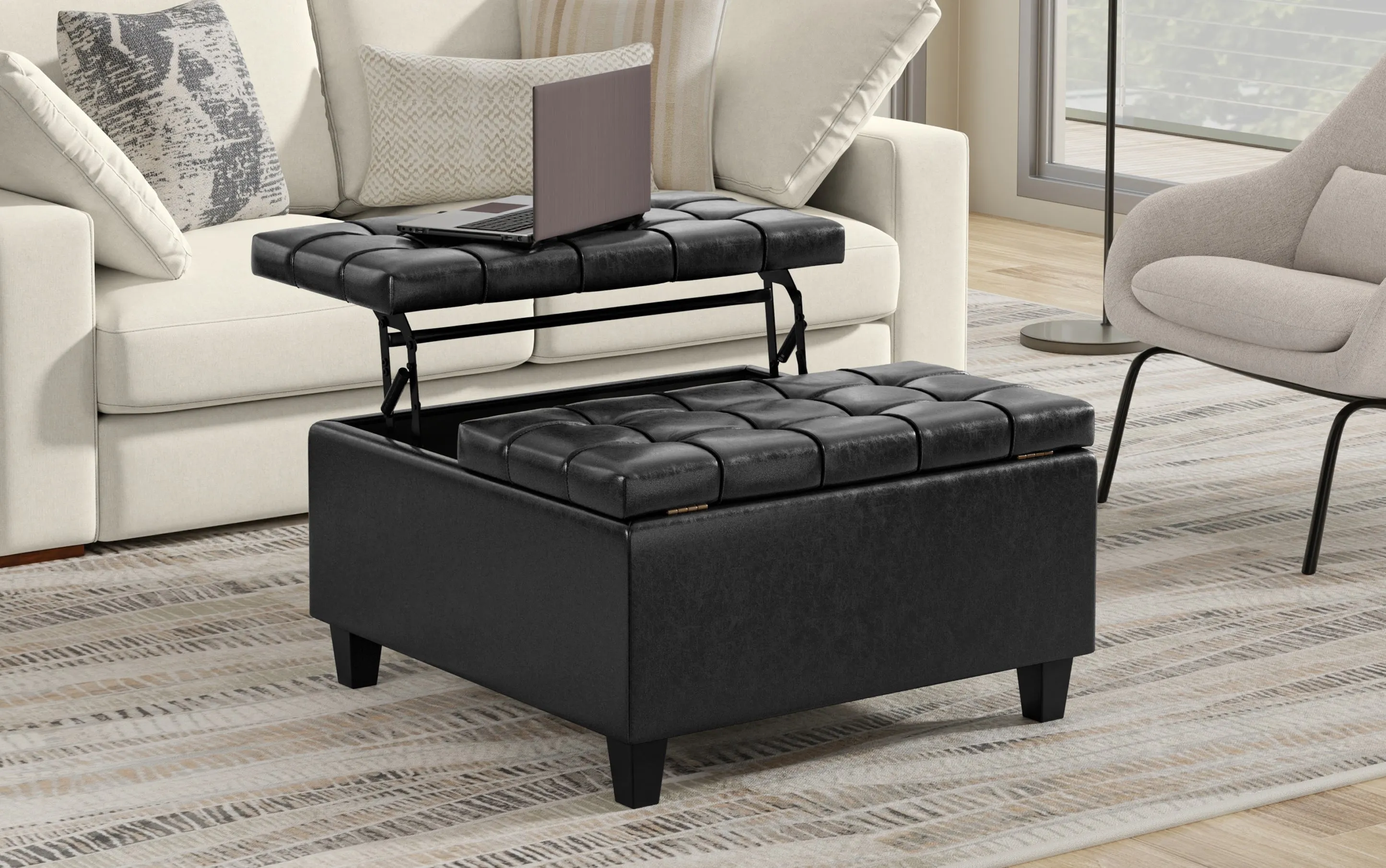 Harrison Small Square Coffee Table Storage Ottoman in Distressed Vegan Leather