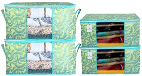 Heart Home Metallic Printed Non Woven 2 Pieces Saree Cover and 2 Pieces Underbed Storage Bag, Cloth Organizer for Storage, Blanket Cover Combo Set (Green) - HEART2131