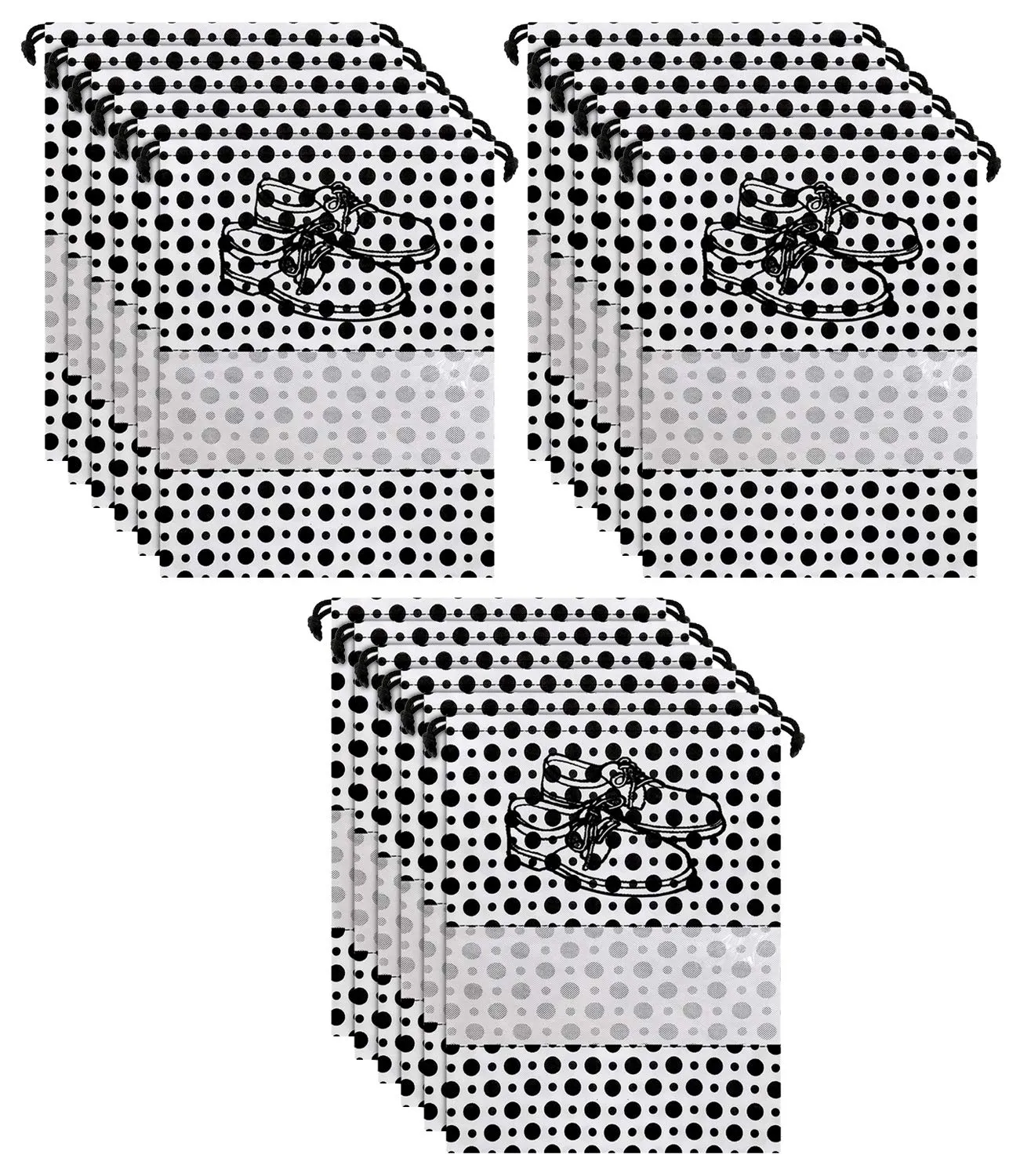 Heart Home Polka Dots Print 18 Piece Non Woven Travel Shoe Cover, String Bag Organizer (Black & White)