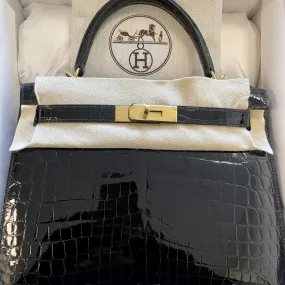 Hermès Kelly 28 Noir (Black) Sellier Crocodile Niloticus Lisse Gold Hardware GHW