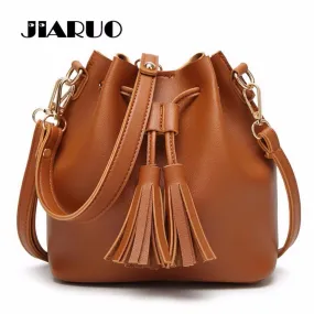 JIARUO Vintage Fashion Small Women Leather Bucket Bag Handbag Tassel Drawstring Shoulder Bag Messenger Crossbody Bags Purses