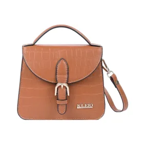 KLEIO Croco Textured Mini Top Handle Handbag (Tan)