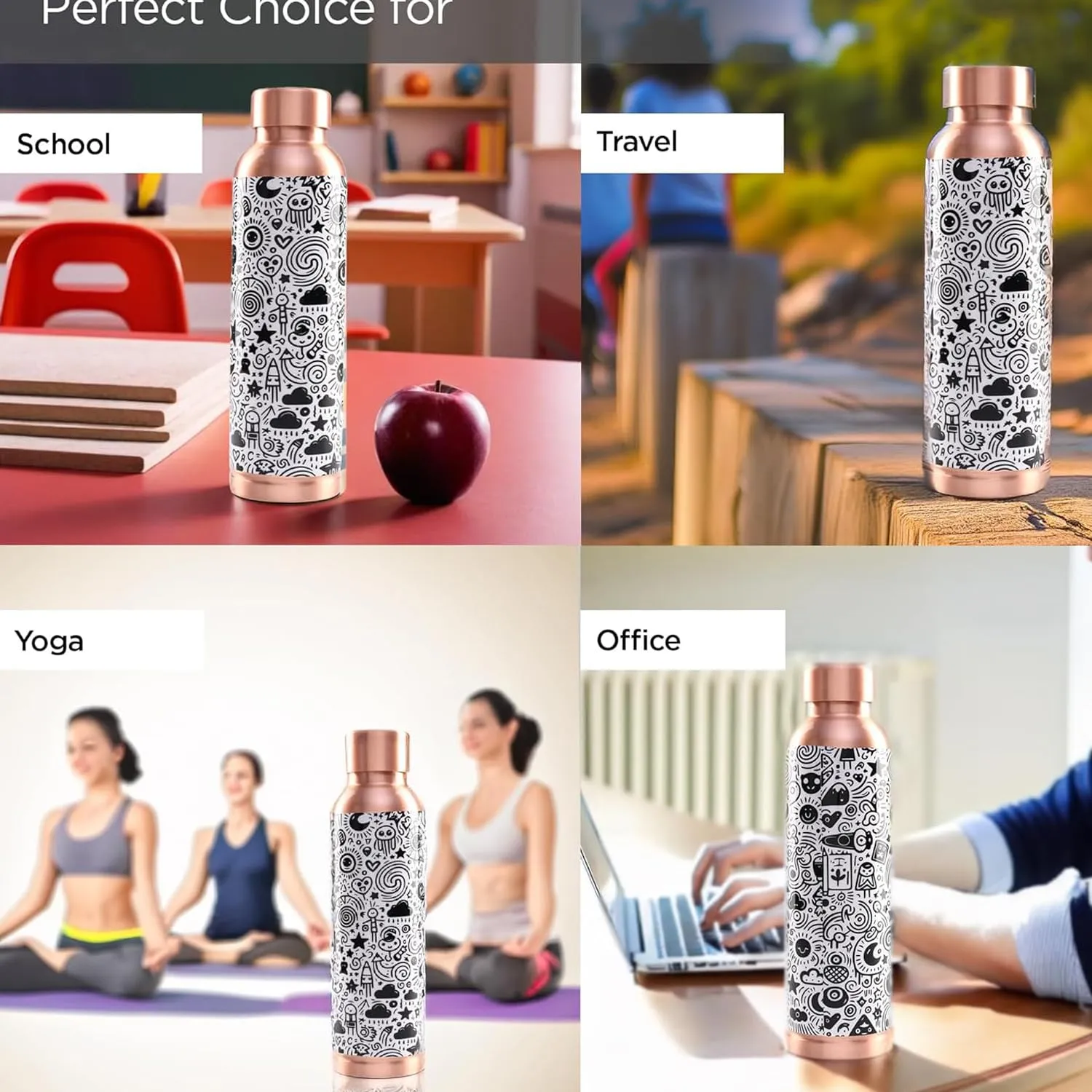 Kuber Industries Pack of 5 Copper Water Bottle - Non-Toxic & Leakproof Tamaba Bottle for Office/Gym/Yoga/College, Men & Women - 950ml | Mosiac Design