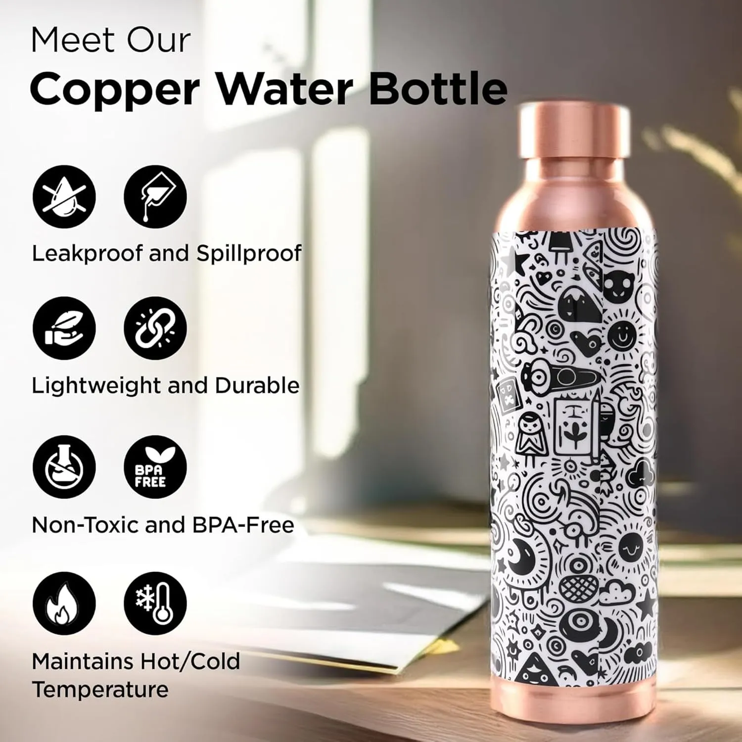 Kuber Industries Pack of 5 Copper Water Bottle - Non-Toxic & Leakproof Tamaba Bottle for Office/Gym/Yoga/College, Men & Women - 950ml | Mosiac Design