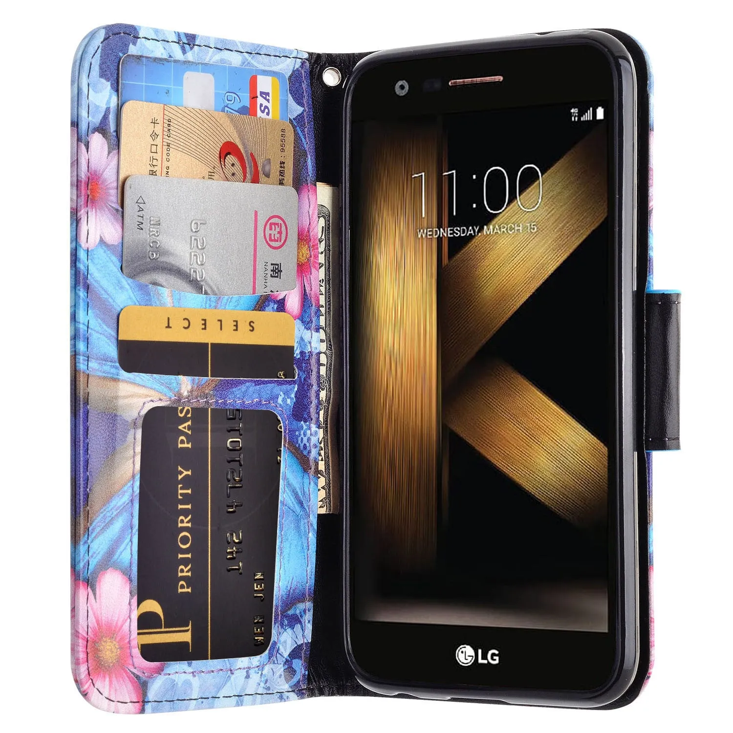 LG K20 Plus Case, LG K20 V, K10 2017 Wrist Strap Pu Leather Magnetic Flip Fold[Kickstand] Wallet Case with ID & Card Slots - Blue Butterfly